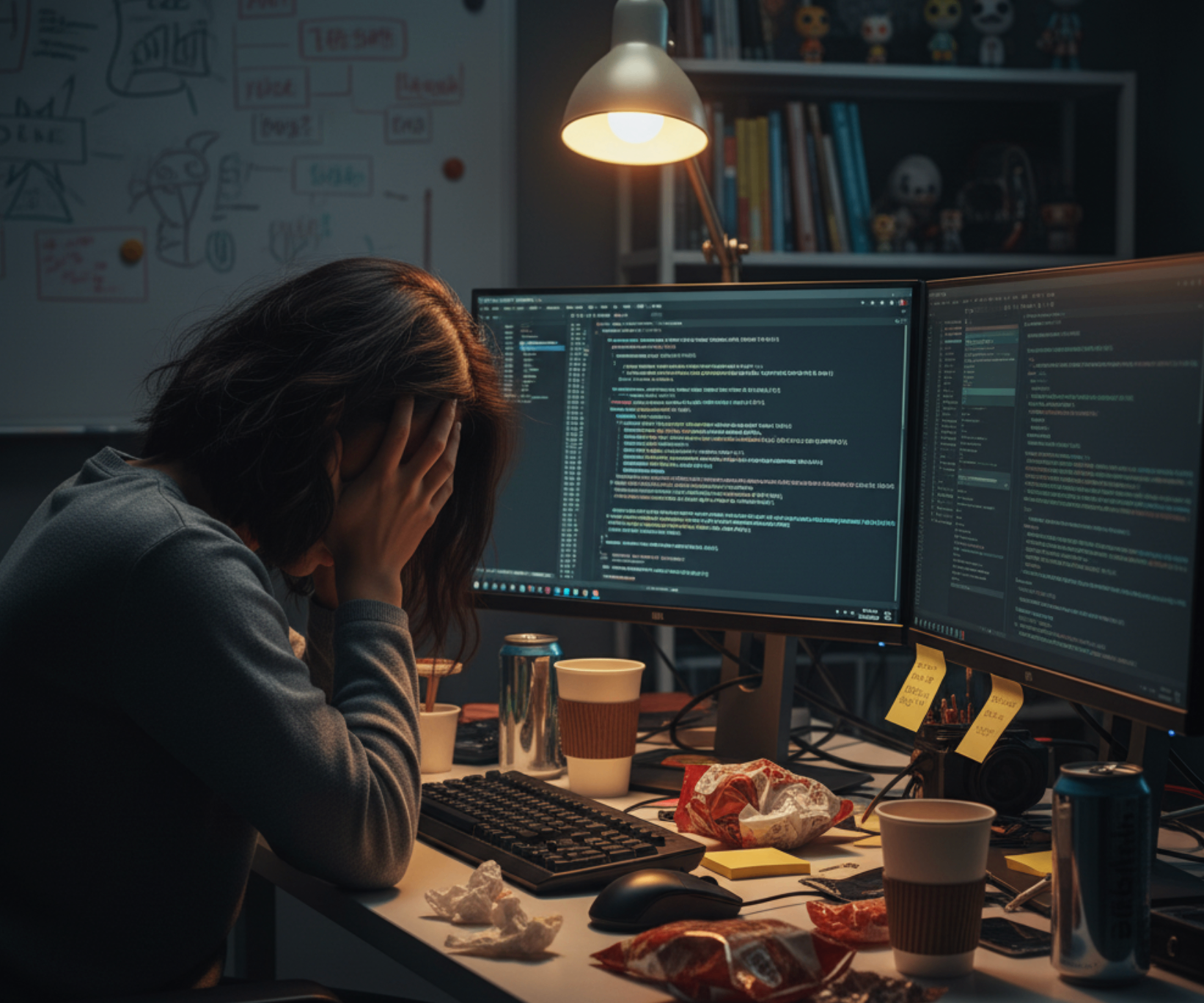 Desenvolvedor estressado com múltiplos monitores