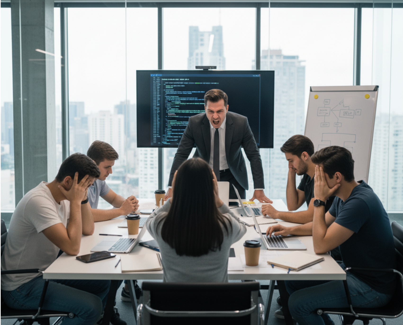 Reunião tensa com gestor de tecnologia e desenvolvedores estressados